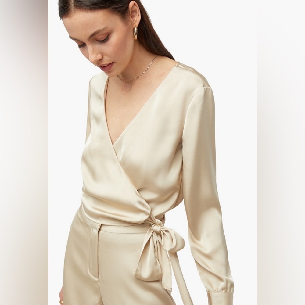 JustFab Satin Wrap Blouse in Champagne
